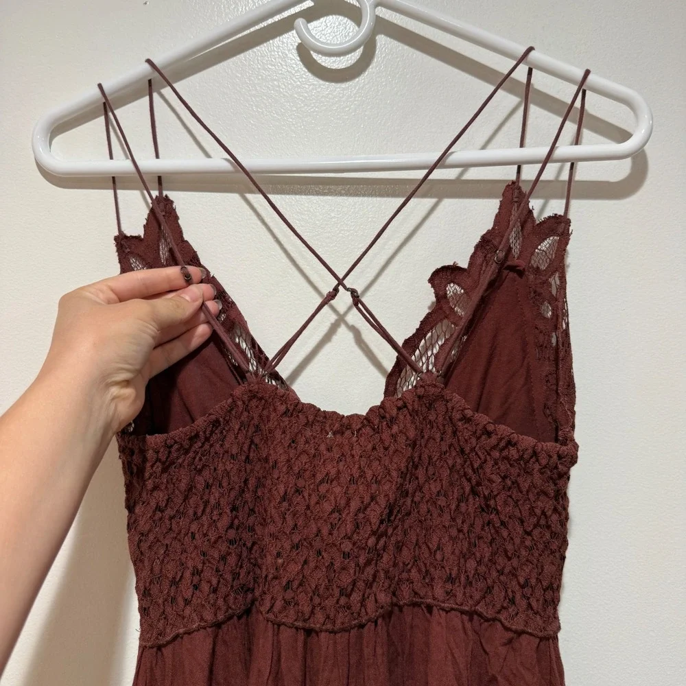 Free People FP One Adella Slip Dress Brown Lace Boho Ruffle Mini Dress Medium M